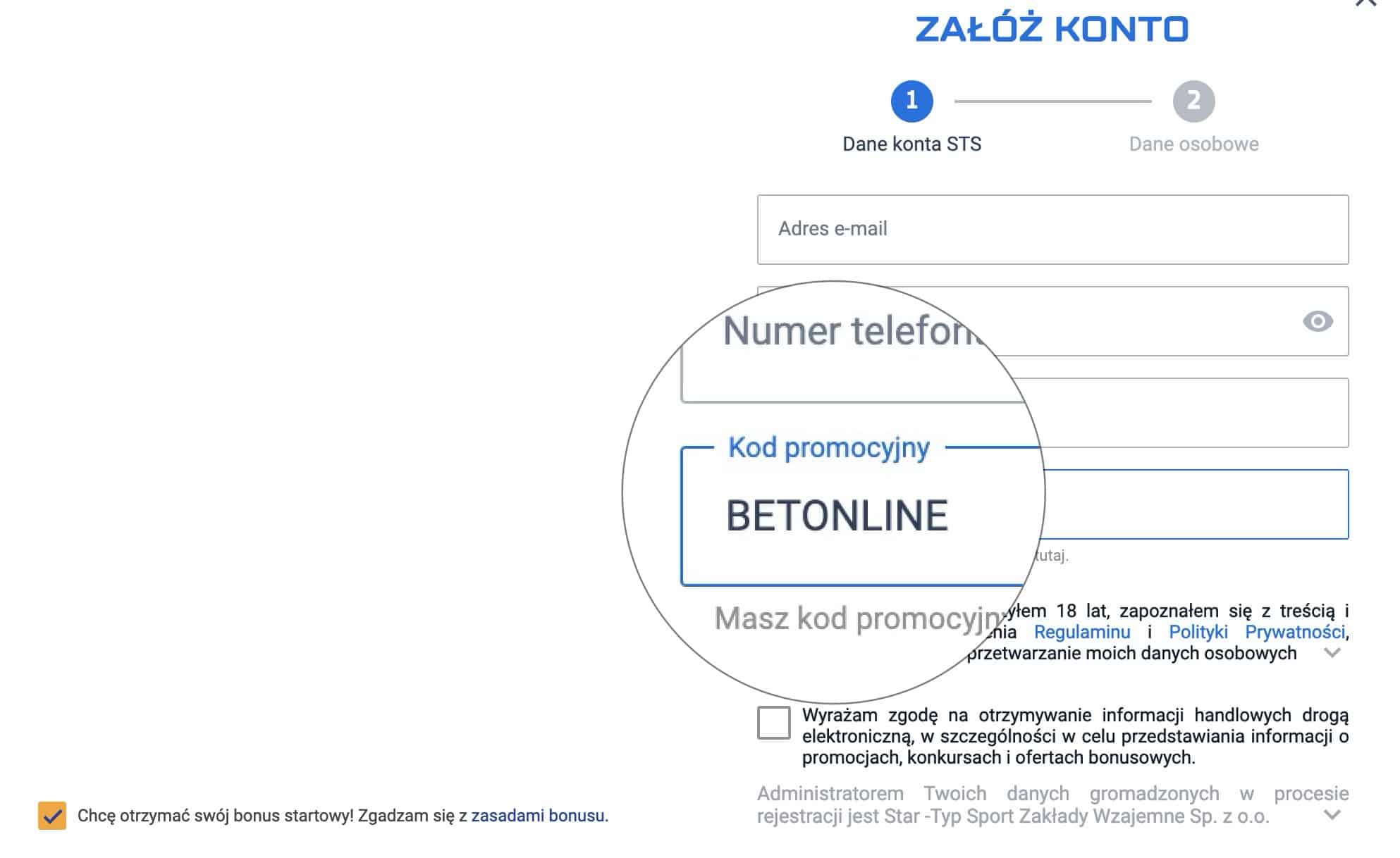 STS bonus powitalny specjalnym kodem promocyjnym! BETONLINE daje 100 PLN bez ryzyka!